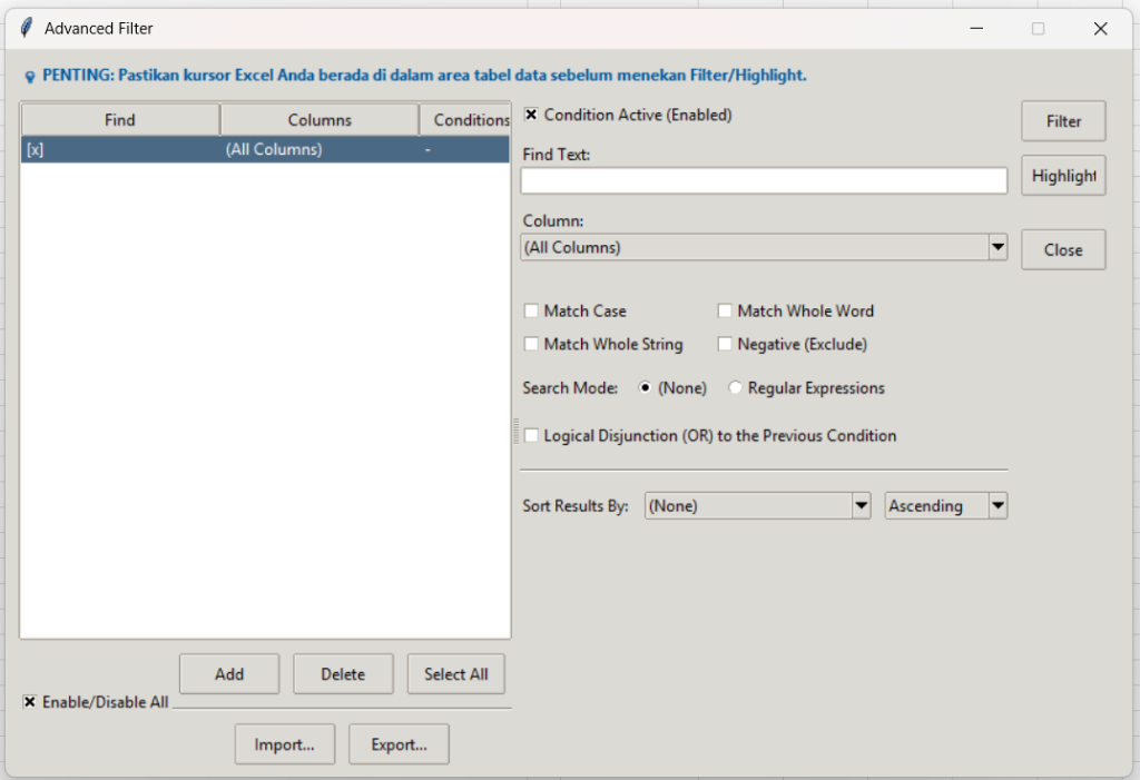 Tampilan Lengkap Jendela Pop-up Advanced Filter